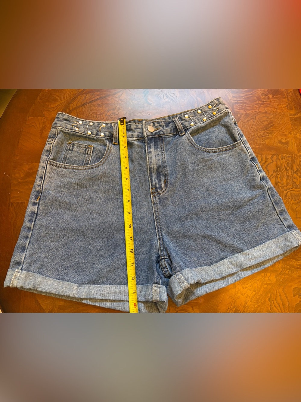 High-Rise Stud-Trim Denim Jean Shorts in Blue